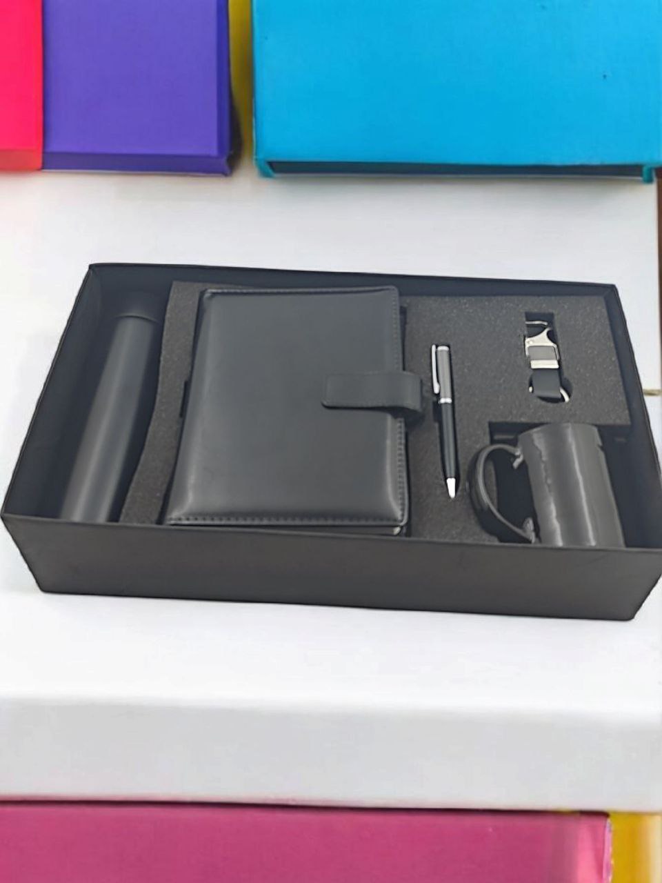 Luxury Black Corporate Gift Set in Premium Box | 5-in-1 Combo with Smart Bottle, Diary, Mug, Pen & Keychain | Executive Gift Hamper